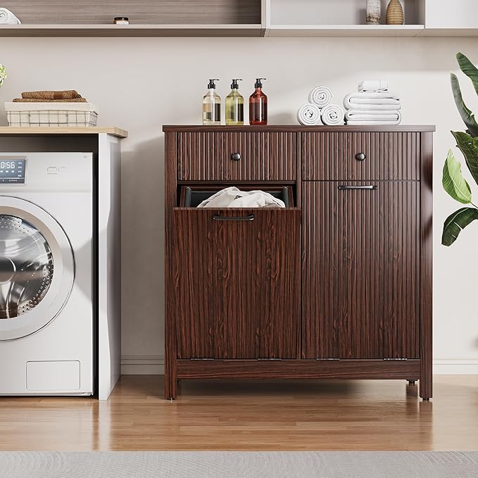Airynee Double Tilt-Out Laundry Hamper Cabinet with 2 Drawers, 20 Gallon Fluted Trash Can Cabinet with Laundry Basket, Hidden Wood Garbage Can Bin Cabinets for Bathroom & Kitchen, Brown