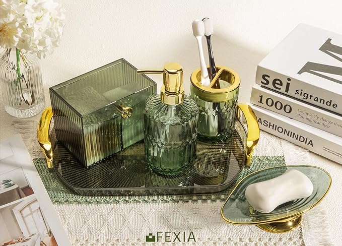 FEXIA Green Bathroom Accessories Set 5 Pcs Green Bathroom Decor with Decorative Vanity Tray for Boho Bathroom Decorations Soap Dispenser Toothbrush Holder Lotion Gifts for Women Home Apartment Decor