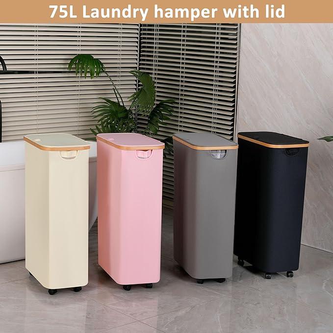 iEGrow 75L Laundry Basket with Wheels,Clothes Hamper for Laundry,Laundry Hamper with Lid and Inner Bag, for Laundry Room, Bedroom, Dormitory Storage,Pink