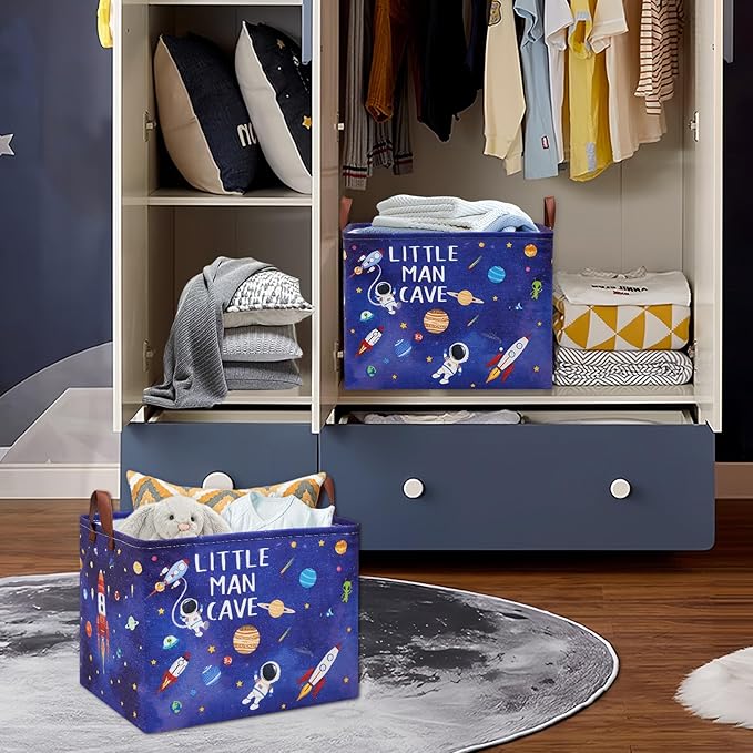 Astronaut Nursery Basket Laundry Hamper,Space Storage Basket with Inspirational Quotes, Planets Boy Room Decor Toy Box, Rectangular Rockets Clothes Book Toy Storage Bin (Blue)