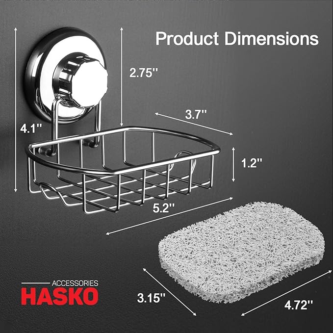 HASKO Suction Cup Soap Dish for Shower Wall, Rustproof Stainless Steel Shower Soap Holder for Bathroom with Hooks and Soap Saver, Includes Optional No Drill Adhesive Mount, Silver