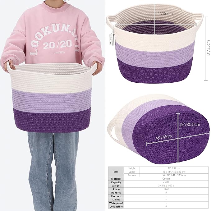 Sea Team Oval Large Cotton Rope Woven Storage Basket with Handles, Diaper Caddy, Baby Shower Basket, Nursery Nappies, Clothes Toys Organizer for Kid's Room, 16 x 13 inches, White & Lavender
