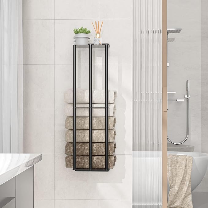 Susswiff Towel Racks for Bathroom 31 Inch - Wall Mounted, Solid 2 Metal Shelves and 3 Vertical Bars, Can Holds 6 Large Rolled Bath Towels - for Modern Decor Bathroom Towel Storage (Matte Black)