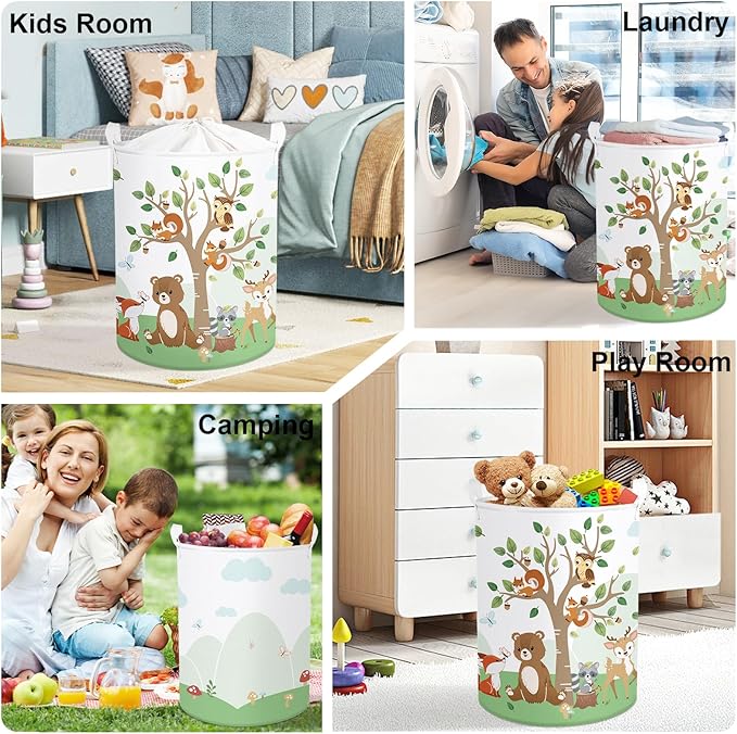 Forest Animals Laundry Hamper Woodland Tree Large Storage Basket Parents Organizer Kids Clothes Toy Bins for Bedroom, Bathroom, Squirrel, 63L