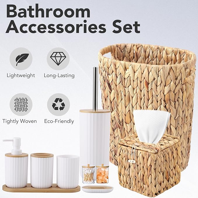 Bathroom Accessories Set,10PC Wicker Home Set with Trash Can, Tissue Box,Tray, Soap Dispenser, Soap Dish, Toothbrush Holder, Toothbrush Cup,Toilet Brush and Qtip Holders (White, Bath Set)