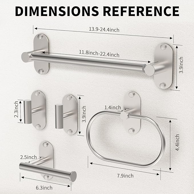 5-Piece Bathroom Hardware Accessories Set, Self-Adhesive & Wall Mounted SUS304 Stainless Steel Towel Bar Set, Adjustable Towel Bar, Towel Ring, Toilet Paper Holder & 2 Hooks(Brushed Nickel)