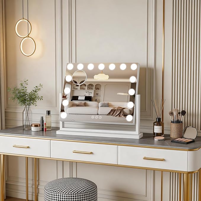 Vanity Mirror with Lights, 23"×17" Hollywood Makeup Mirror with 15 Dimmable Bulbs, 3-Color Lighting, Dimmable, 360° Rotation, 10x Magnification, Desk Mirror, Bedroom (White)