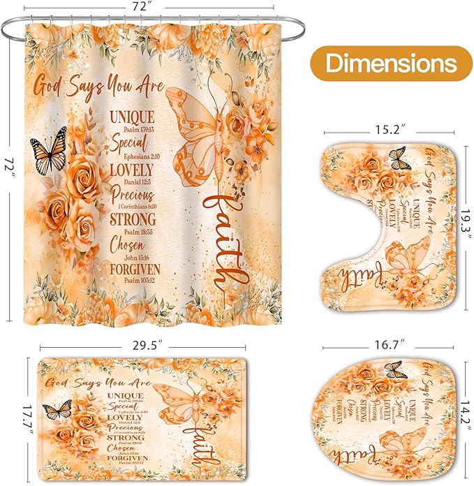 Litabel 4 Pcs Orange Butterfly Inspirational Quotes Shower Curtain Set with Rugs and Toilet Lid Cover, Colorful Boho Waterproof Fabric Bathroom Set, Bible Verse Floral Bathroom Decor Set Accessories
