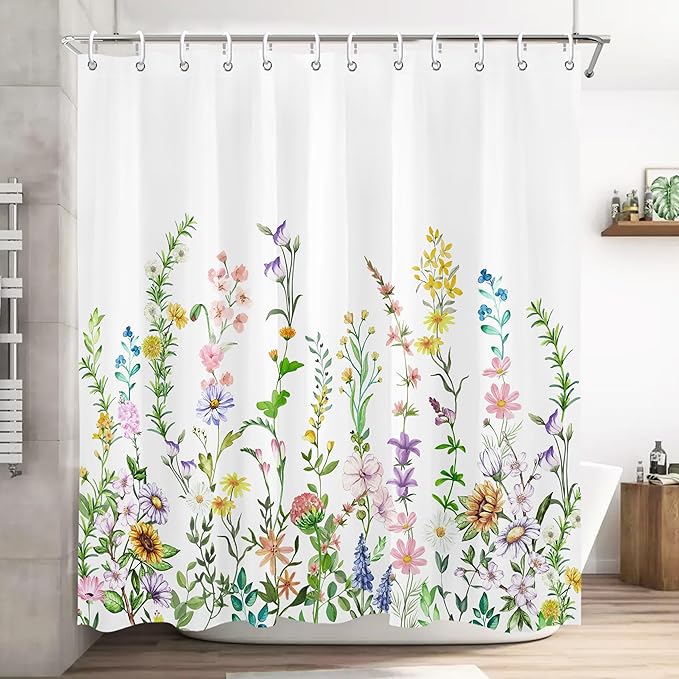Floral Flower Shower Curtain Pretty Wildflower Bathroom Shower Curtain Set Boho Cute Shower Curtains Cloth Fabric Shower Curtain
