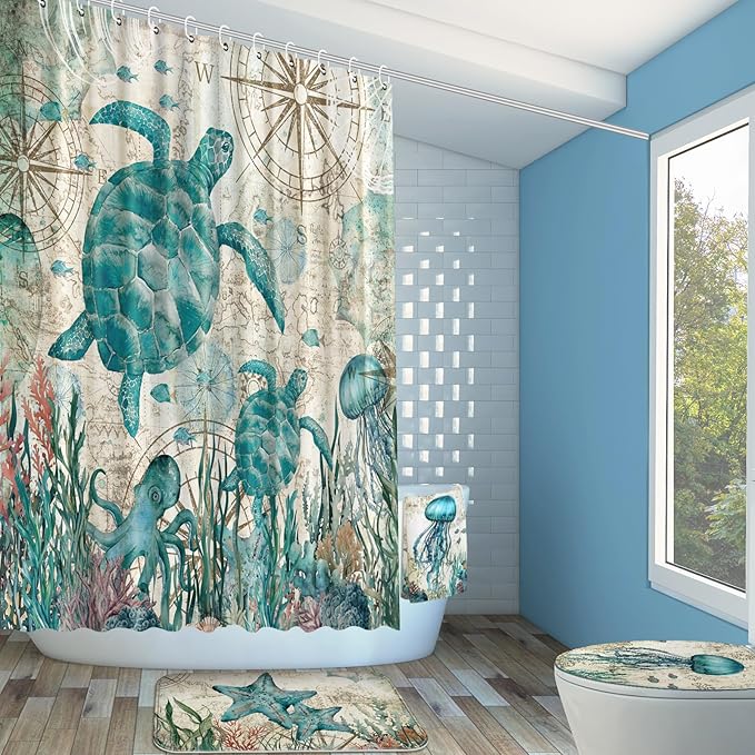 Tatuo 8 Pcs Sea Turtle Shower Curtain Set Summer Ocean Theme Bathroom Accessories Sets Decor Sea Animal Nautical Coastal Waterproof Shower Curtain with Towels Carpet Bath Mat Toilet Rugs and 12 Hooks