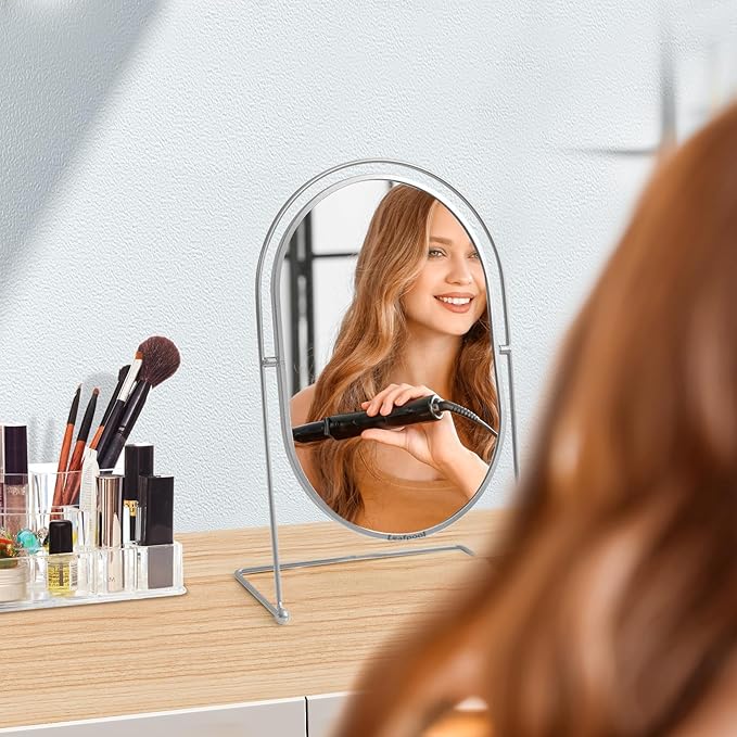 Tabletop Vanity Makeup Mirror, 360°Rotation Standing Desk Table Vanity Silver Make up Mirror for Bathroom or Bedroom