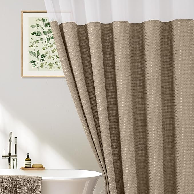 UFRIDAY Moka Waffle Weave Shower Curtain 72x72 inch, Spa Like Hotel Style Bath Curtain with Mesh Top Window, Heavy Duty Thick Fabric Shower Curtain for Bathroom, Machine Washable Water Resistant