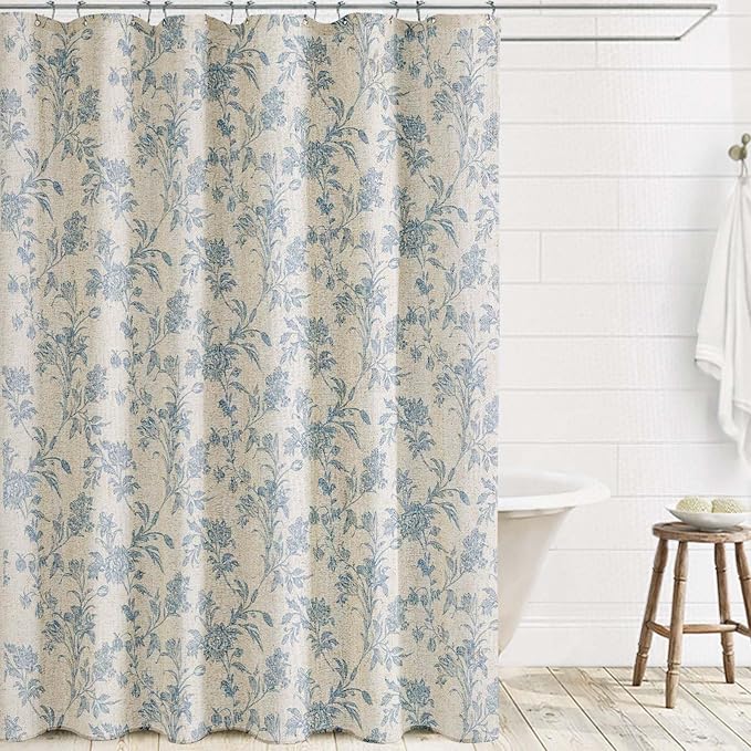 Blue Shower Curtain Floral Cotton Linen Cottagecore Shower Curtain for Bathroom 72" W x 72" L