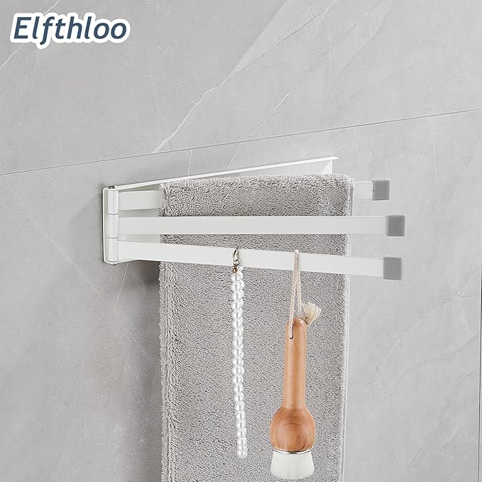 Small Swivel Foldable Towel Rack, Elfthloo 24cm(9.45 in) Rotating 3-Arm Towel Bar Rod, Space Saving Wall Mounted Holder, Stainless Steel Swing Out Hanger for Bathroom, Kitchen (1 Pack, White)