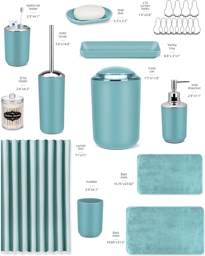 IMAVO Blue Bathroom Accessories,Non Slip Absorbent Bathroom Rugs and Waterproof Shower Curtain with Hooks,Complete Bathroom Set for Bathroom Décor