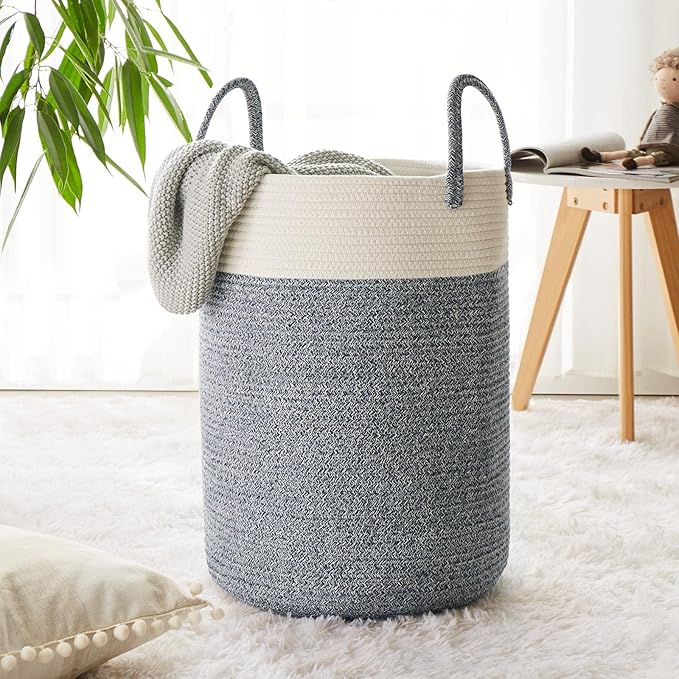 Cotton Rope Laundry Hamper by YOUDENOVA, 58L - Woven Collapsible Laundry Basket - Clothes Storage Basket for Blankets, Laundry Room Organizing, Bedroom Storage, Clothes Hamper – Blue