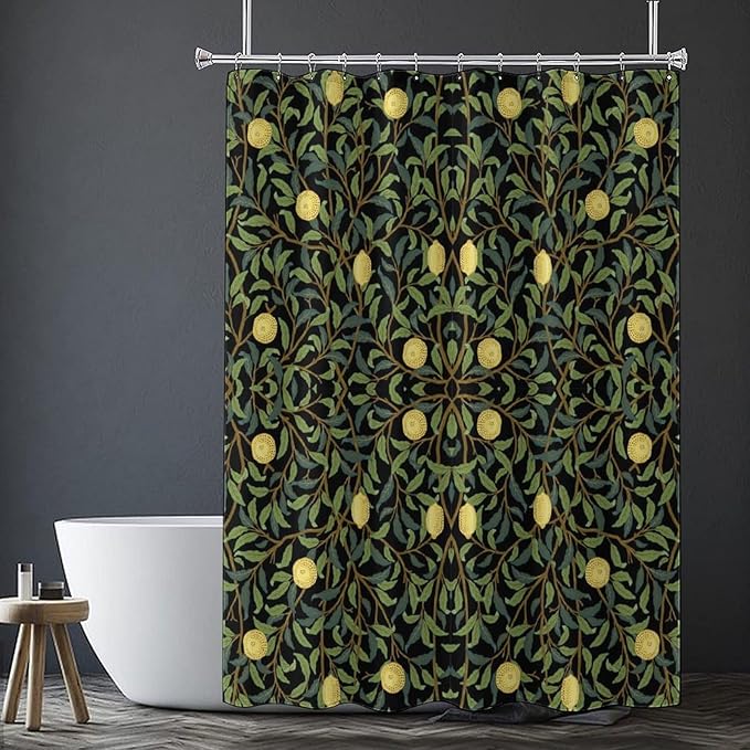 Vintage Botanical Shower Curtain William Morris Designs Green Jungle Fruit Print Shower Curtain Set Polyester Interior Waterproof Shower Curtain with 12 Hooks 72x72 Inches(183x183cm)