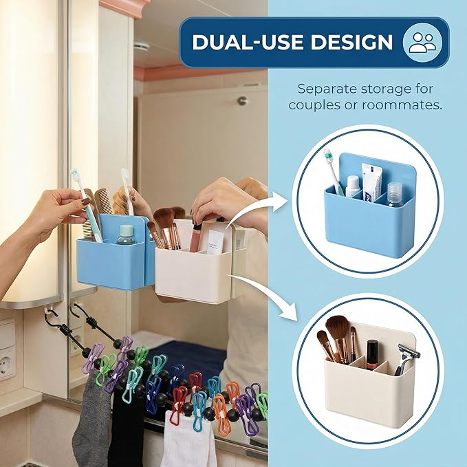Cruise Essentials Kit 2026: Magnetic Toothbrush Holder for Cruise (2 Pack, White & Blue) & Travel Clothesline with Hooks – Disney, Alaska, Carnival, Royal Caribbean Must Haves Packing List