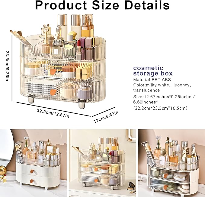 DASITON Makeup Organizer with Drawer,6 Slots Stackable Makeup Brush Holder,Skincare and Cosmetic Organizer for Bathroom Vanity Countertop Makeup Storage for Cosmetics,Brushes,Lipstick and Jewelry