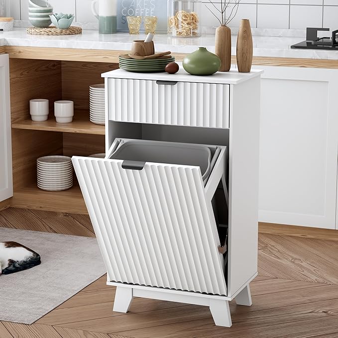 Double Tilt Out Laundry Hamper Cabinet, 20 Gallon Wooden Trash Can Cabinet with Storage Drawers, Hidden Fluted Garbage Can Holder for Kitchen, Living Room (White, 20.47" W x 35.83" H x 13" D)