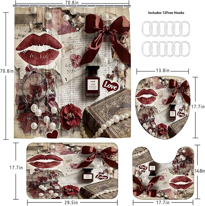 DDQQ 4Pcs Sexy Lip Shower Curtain Set Women Pearl Bow Bathroom Decor Set, Fashion Red Flower Perfume Bathroom Curtains Shower Set with Rugs, Girly Shower Curtain with 12 Hooks