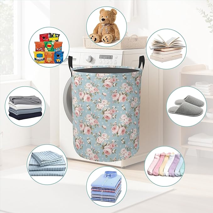 Laundry Basket With Handle, Dirty Clothes Laundry Hamper, Oxford Cloth Bin Storage Organizer for Toy Collection (Pink Flowers)