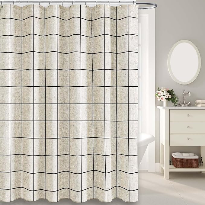 Farmhouse Plaid Shower Curtain Beige Linen Shower Curtains for Bathroom Natural Black Pattern 78" L x 72" W Inch