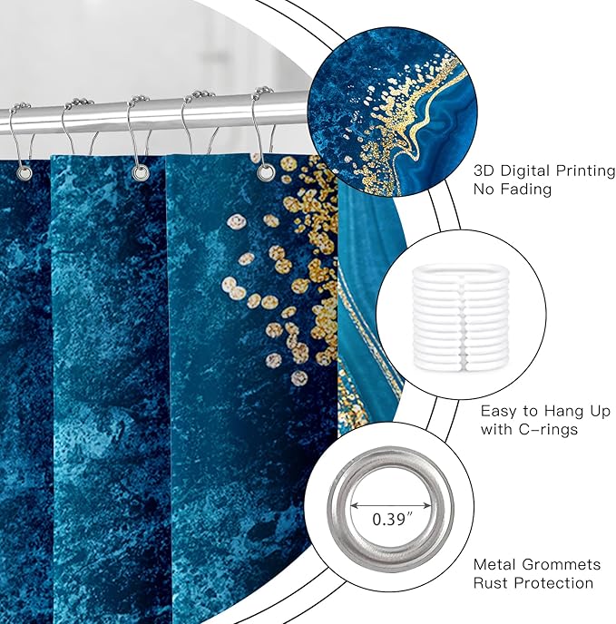 4PCS Blue Gold Marble Bathroom Sets with Shower Curtain and Rugs, Abstract Shower Curtain Sets with Rugs, Modern Bathroom Curtains Shower Set with Toilet Lid Cover Accessories