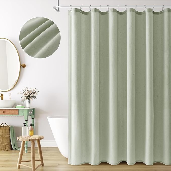 Naturoom Mist Sage Linen Shower Curtain, Country Boho Farmhouse Bath Decor Shower Curtains Neutral Cloth Weighted Textured Fabric Bath Curtain Liner with Hooks, 72x96
