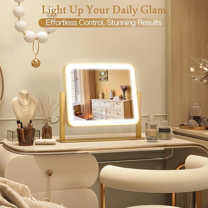 12" x14" Vanity Mirror with Light, LED Makeup Mirror with Lights, Small Gold Mirror with 360°Rotation, 3 Color Modes, Dimmable & Memory Function, LED Mirror for Vanity Desk, Travel