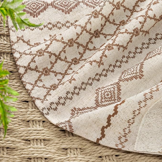 Boho Linen Shower Curtain for Bathroom,Brown Striped Print and Twine-Inspired Woven Center,72" W x 72" L