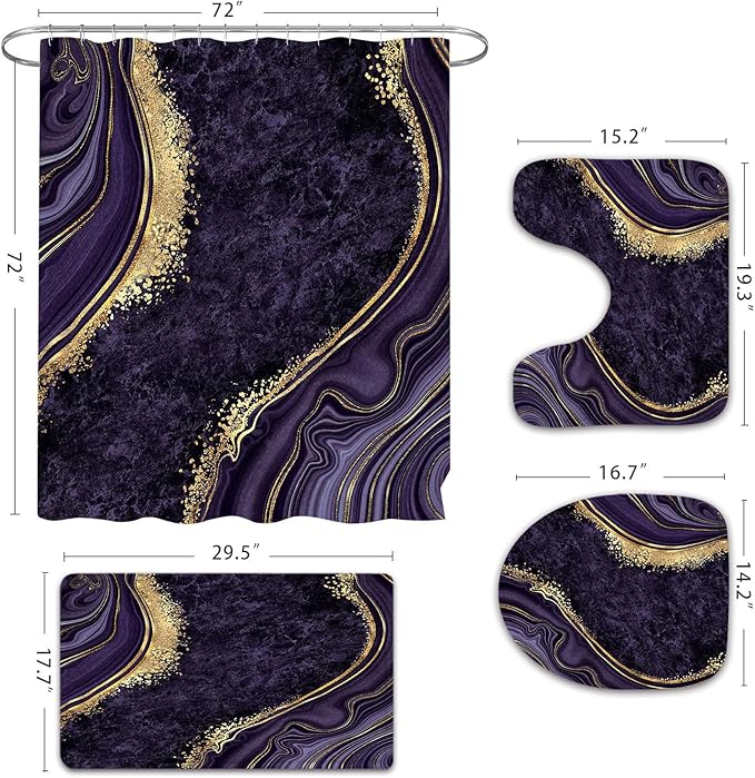 Gibelle 4 Pcs Luxury Marble Shower Curtain Set with Non-Slip Rugs, Toilet Lid Cover and Bath Mat, Gold Foil Purple Bathroom Decor Set with Shower Curtain and Rugs and Accessories