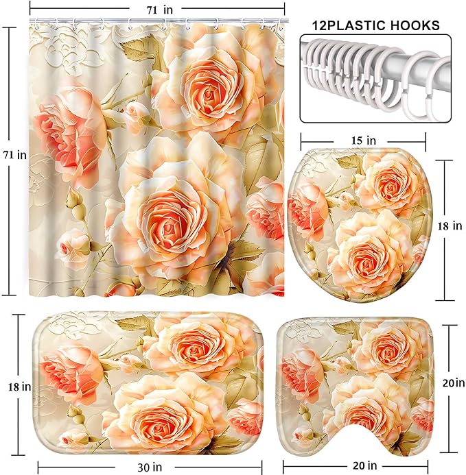 Poedist 4 Pcs Bathroom Shower Curtain Set,Rose Bathroom Set, Space Shower Curtain Sets with Rugs(Bath Mat,U Shape and Toilet Lid Cover Mat) and 12 Hooks