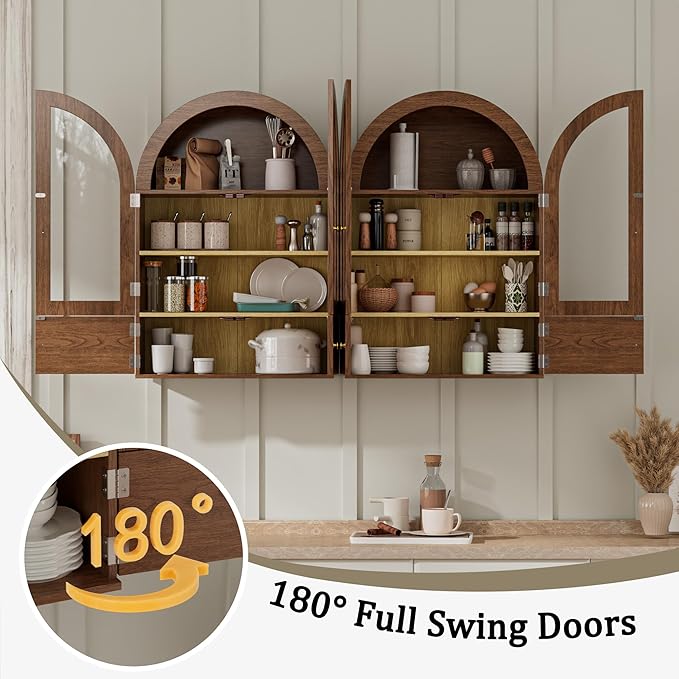 BREEZEHEAT Arched Medicine Cabinet with Extra Storage, Glass Doors & Adjustable Shelf -Wall Mounted Over Toilet Cabinet for Bathroom, Kitchen, Laundry Room, Walnut Wood Grain, 23.6x33.5 Inch