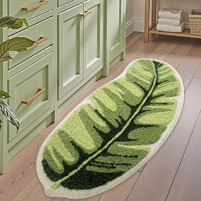 LUMI Cute Bathroom Rugs with Green Leaf Plant, Soft, Fluffy, Plush, Absorbent, Quick Dry, Non Slip, Machine Washable for Shower Floor, Bathroom, Bedroom,Kids Room, 24"x48", Palm Leaf