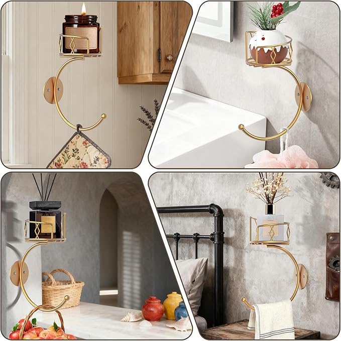 Hand Towel Holder for Bathroom with Vintage Wall Mounted Candle Holder, Metal Sturdy Wall-Mounted, Hand Towel Racks/Robe Hanger for Bathroom Decor Accessories(Gold)