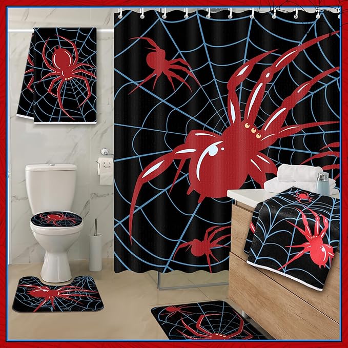 Nuanchu 6 Pcs Spider Shower Curtain Set with Rug Bathroom Sets with Shower Curtain Bath Mat U Shaped Mat Toilet Lid Cover 2 Bath Towels and 12 Hooks Spider Bathroom Decor
