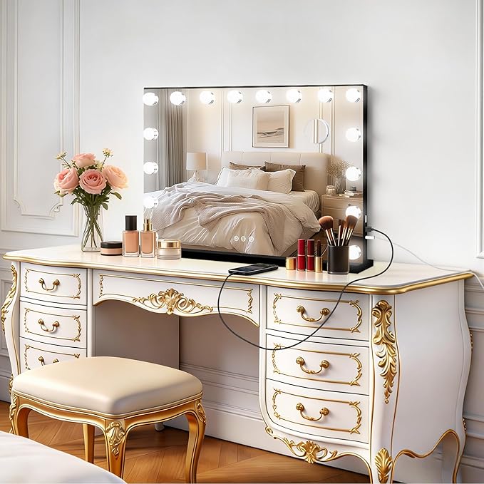 Moonee Black Vanity Mirror with Lights, Hollywood Lighted Makeup Mirror with 17 Dimmable Bulbs and 10X Magnification, 3 Colors Modes, Aluminum Metal Frame, Light Up Mirror for Tabletop/Wall(26" x 20")