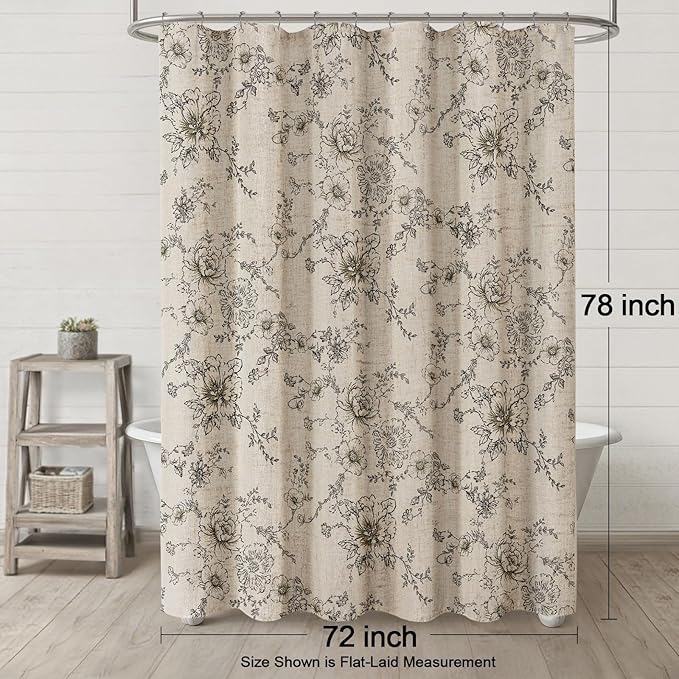 Farmhouse Floral Linen Shower Curtain, Vintage Black Pattern Rustic Shower Curtains for Bathroom, Tan Taupe,72x78