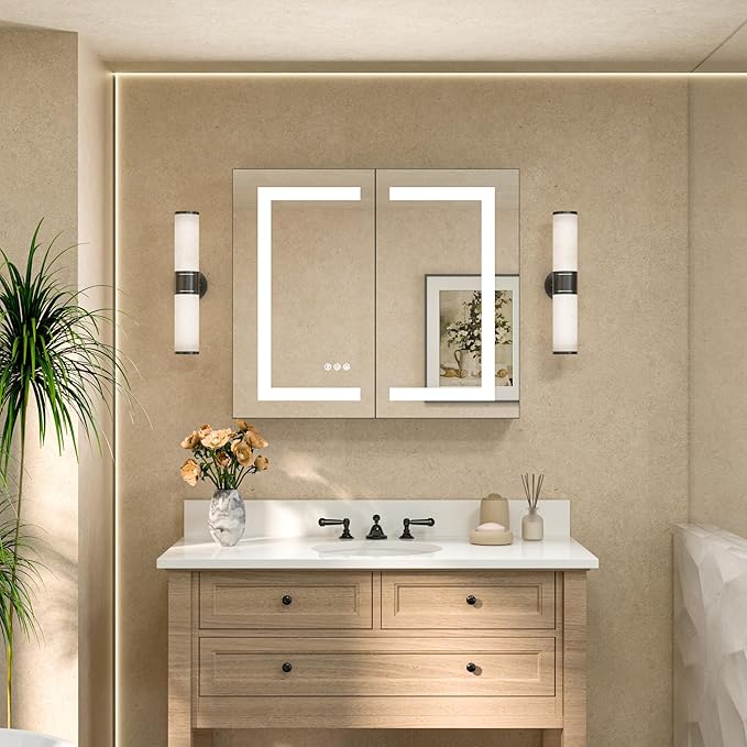 TETOTE LED Lighted Medicine Cabinet with Lights 30 x 26 Recessed or Surface Mount Cabinet Mirror for Bathroom Wall, 2 Door Tempered Glass Led Vanity Cabinet, Outlets & USB, 3-Color Dimming, Anti-Fog