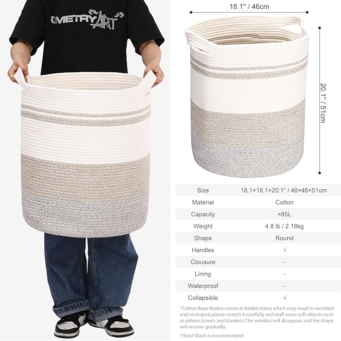 Sea Team Large Size Cotton Rope Woven Storage Basket with Handles, Laundry Hamper, Fabric Bucket, Drum, Clothes Blankets Organizer for Kid's Room, 18 x 20 inches, Round Open Design, White & Khaki