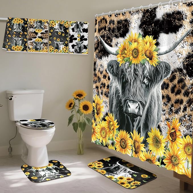 FuWeave 8 Pcs Highland Cow Shower Curtain Sets for Bathroom Sunflower Farm Cow Shower Curtain Sets Bathroom Accessories with Towels Carpet Bath Mat Toilet Rugs and 12 Hooks