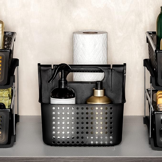 madesmart Large Portable Shower Caddy, Hold Soap, Shampoo, Hair Supplies and Beauty Products, Cleaning Supplies Organizer for Home, Dorm, Plastic Shower Tote, Soft Handle, Carbon
