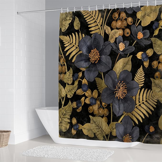 FZDHHY 4Pcs Black and Blue Shower Curtain Set, Morden Bathroom Sets, Vintage Flower Bathroom Sets with Shower Curtain and Rugs, Shower Curtain with 12 Hooks