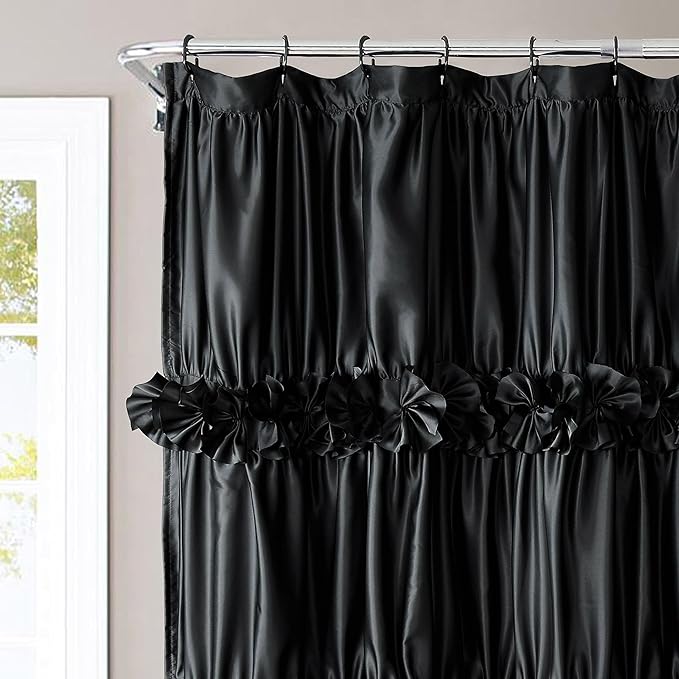 Black Ruffle Shower Curtain, Vintage Handcrafted Bow Tie Bath Curtain for Master Bathroom, Ruched Satin Bathroom Curtain with 12 Buttonholes, 72" W x 84" H (LQ-10)