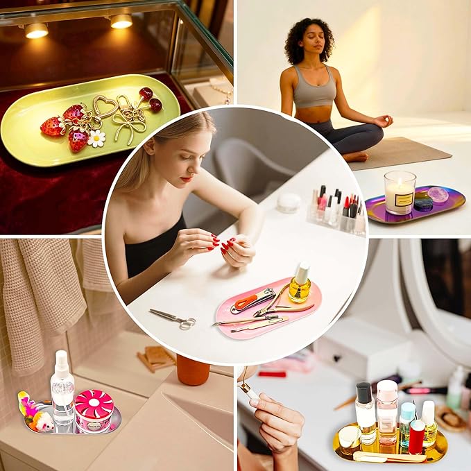9" Nail Tools Tray Pink Manicure Accessory Storage Display Tray Jewelry Rhinestone Dish Cosmetics Organizer Oval Nail Art Decorative Small Storage Plate