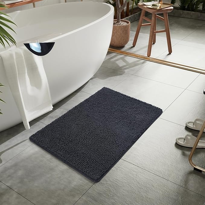 LOCHAS Luxury Bathroom Rug Shaggy Bath Mat 24 x 17 Inch, Washable Non Slip Bath Rugs for Bathroom Shower, Soft Plush Chenille Absorbent Carpets Mats, Dark Grey