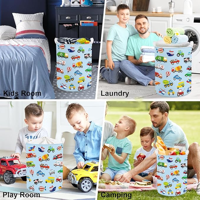 Clastyle Large Construction Truck Kid Laundry Hamper with Handle Boy Bedroom Bathroom Nursery Collapsible Clothes Toy Storage Basket with Lid, Blue, 36x45 cm