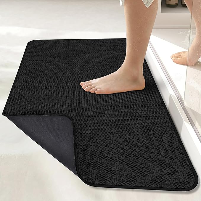 Bath Mat,Ultra Thin Bathroom Runner Rugs,Large Bath Mats for Bathroom,Quick Dry,Non-Slip,Machine Washable,Low Pile,Bath Rug,Shower Outside,Sink,Home Decor Accessories.Black,3'x4'(36x48inch)