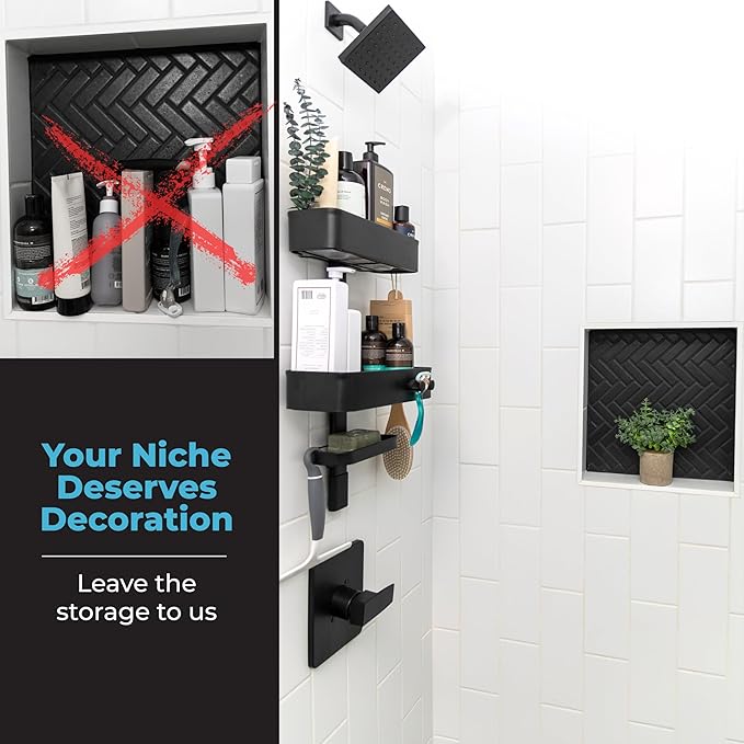 ShowerSMART Rust Resistant Shower Caddy, Wall Mount Shower Storage & Rack with Adjustable Shelves, Easy Clean Trays & Magnetic Hooks for Bathroom Remodel Upgrades, Black